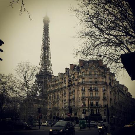 eiffel tower, buildings, paris, france, city, europe, cars, road, street, trees, motorbike, architecture