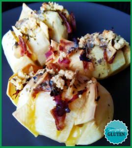 Patatas en abanico rellenas de bacon, pavo y queso (Sin Gluten, Sin Lácteos, Sin Huevo)