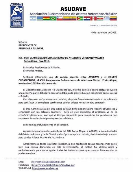 Confirmado : Suspencion del Sudamericano Master de Atletismo WMA