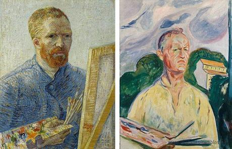 Vincent van Gogh, Self-Portrait as a Painter, 1887-1888, Van Gogh Museum.  Edvard Munch, Self-Portrait with Palette, 1926, Private collection