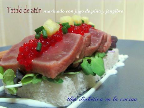 Tataki de atún marinado con jugo de piña y jengibre