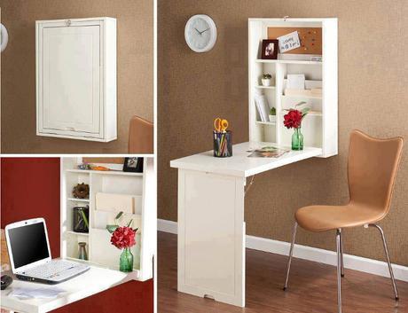 Mueble convertible en mesa escritorio con estantes para optimizar espacios pequeños