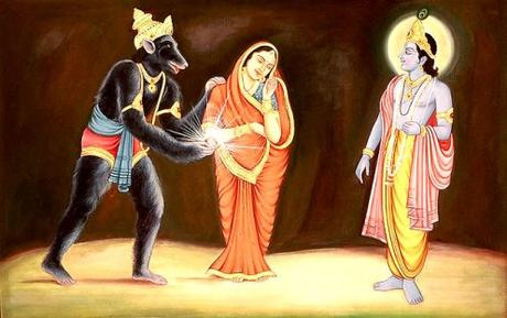 Jambavan ofrece su hija Jambavati al Señor Krishna.