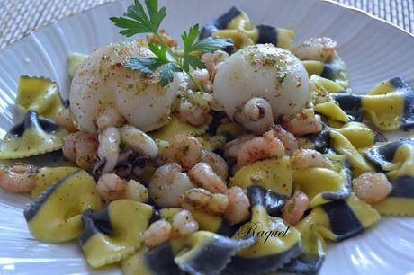 Parpadelle con Sepia y Gambas