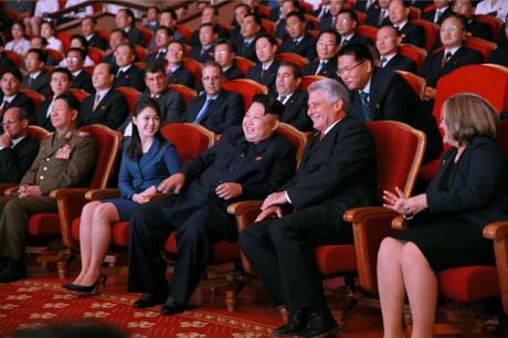 A picture released by the Rodong Sinmun, the newspaper of the ruling North Korean Workers Party, on September 8, 2015 shows North Korean leader Kim Jong-un (C, front) and Miguel Diaz-Canel Bermudez (2-R, front row), a member of the Political Bureau of the Central Committee of the Communist Party of Cuba and first vice-president of the Council of State, watching an art performance by the Moranbong Band and the State Merited Chorus in Pyongyang, North Korea, on  September 7,  2015. Bermudez led a Cuban delegation to North Korea to mark the 55th anniversary of the establishment of diplomatic relations between North Korea and Cuba.