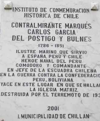 Placa conmemorativa Contralmirante Marqués Carlos García del Postigo y Bulnes, en Chillán, Chile