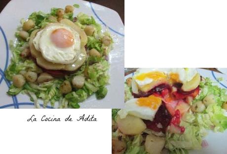 Ensalada con vieiras y huevo a la plancha