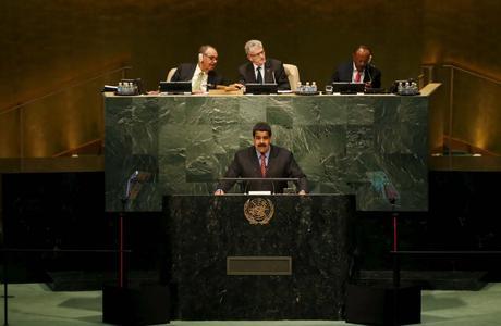 Nicolas Maduro, President of Venezuela addresses a plenary meeting of the United Nations Sustainable Development Summit 2015 at the United Nations headquarters in Manhattan, New York addresses a plenary meeting of the United Nations Sustainable Development Summit 2015 at the United Nations headquarters in Manhattan, New York September 27, 2015. More than 150 world leaders are expected to attend the three day summit to formally adopt an ambitious new sustainable development agenda, according to a U.N. press statement. REUTERS/Mike Segar