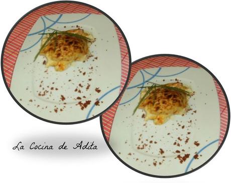 Huevos rellenos, gratinados con bechamel