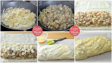 Empanada de pollo, champiñones, bacon, mozarella. Receta casera, fácil, rápida, masas, hojaldre, Cocina con Marta