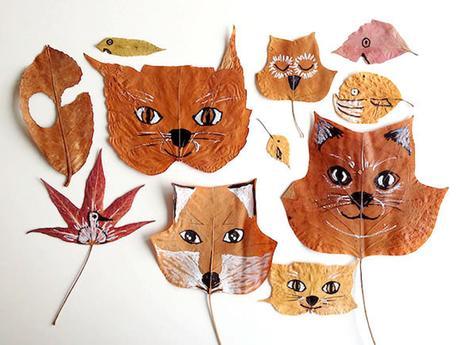 Manualidades de hojas secas pintadas como animales