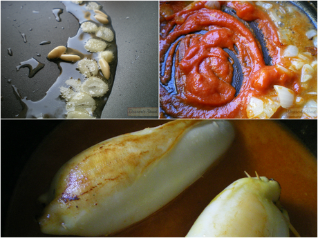 Calamares rellenos de arroz (salsa)