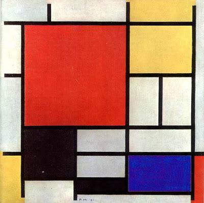 Obra minimalista de Piet Mondriaan, composión en rojo, amarillo, azul y negro (1926)