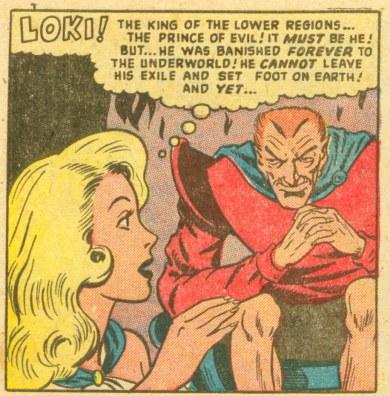 El Loki pelirrojo de 1949 tenía un aspecto casi satánico, presentándose como un dios “olímpico” exiliado en el inframundo. La viñeta corresponde a Venus Nº 6 USA.