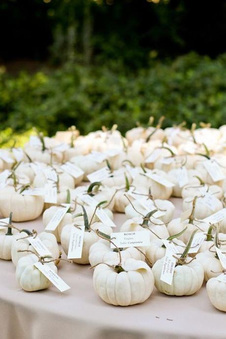 For an autumn wedding miniature ghost pumpkins make excellent escort cards: 