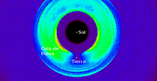 Simulación hecha en computadora de la cola de polvo de la Tierra tal y como sería visto desde algún mirador ubicado en el exterior de nuestro sistema solar