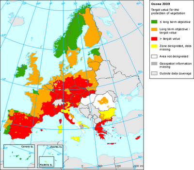 Mapa del valor objetivo de ozono para protección de la vegetación (Europa, 2008)