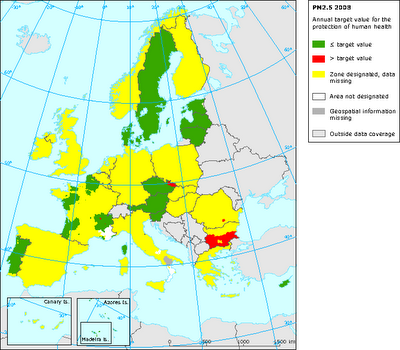 Mapa del valor objetivo anual de PM2.5 para protección de la salud (Europa, 2008)