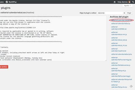 Cómo personalizar el plugin WordPress Editorial Calendar Escoge el archivo a editar de los plugins