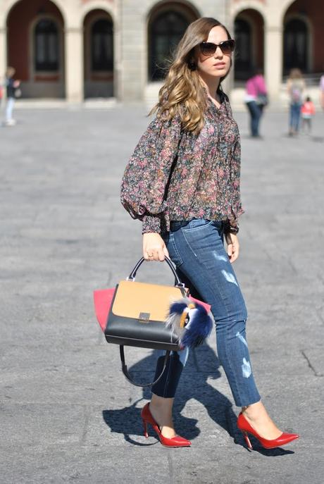 Red shoes/ Flared Shirt