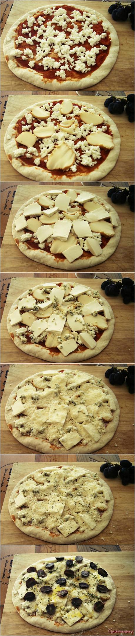 Pizza de quesos y uvas