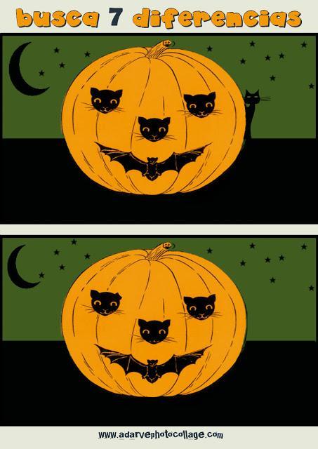 Busca las 7 diferencias: Jack O'Lantern pasatiempos imprimibles infantiles halloween, busca 7 diferencias