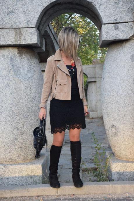 Lace skirt and suede biker jacket