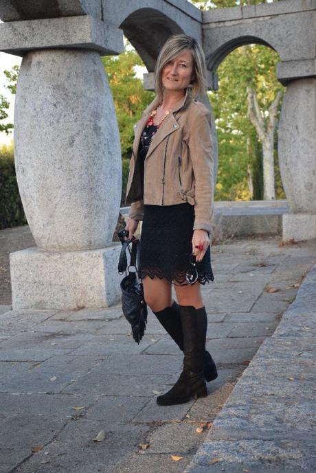 Lace skirt and suede biker jacket