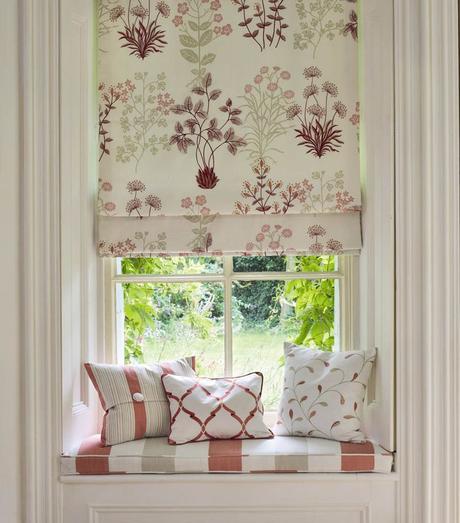 Jane Churchill's Florinda (curtain), Brixham Stripe (cushion), Weston Stripe (left pillow), Solano (middle pillow), Oriana (right pillow) #interiors #janechurchill #textiles: 