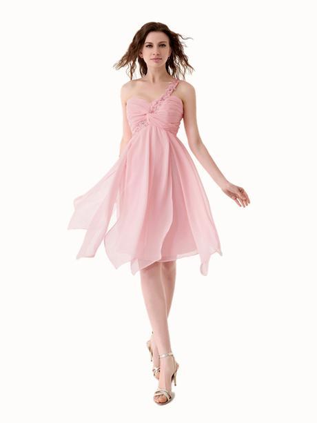 Fashionable A-line One Shoulder Sleeveless Knee-length Pink Chiffon Prom Dress IS0124