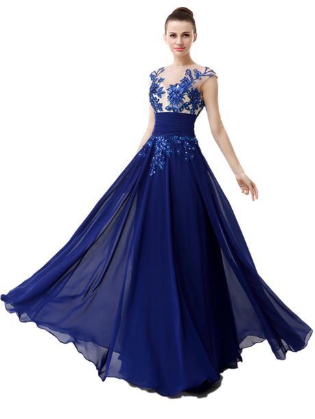 A-line Scoop Capped Floor-length Blue Chiffon Prom Dress IS0140