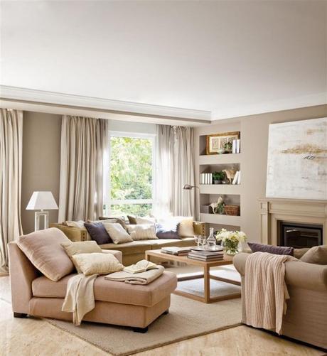 sofás beige, sofá lino, chaisse longue, zona de estar, mesa de centro, cojines, alfombra