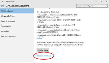 Windows 10 - Configuracion - Actualizacion y seguridad - Opciones avanzadas
