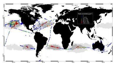 Mapa de la concentración de residuos plásticos en los océanos. Tomado de Cózar et al., 2014. http://www.pnas.org/content/111/28/10239.full.pdf