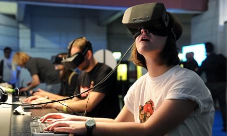 The Oculus Rift headset is tested by attendees at the Eurogamer Expo at Earls Court in London.