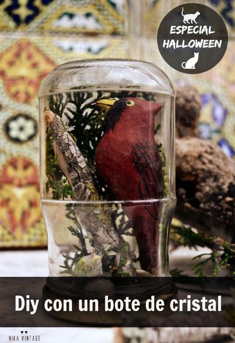 diy, hazlo tu mismo, do it your self, halloween, cardenal, bote de cristal, diorama, fanal, campana cristal