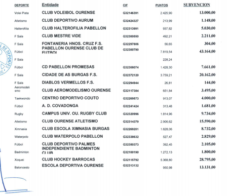 Subvenciones Municipales a Clubes Deportivos de Ourense (Importes)