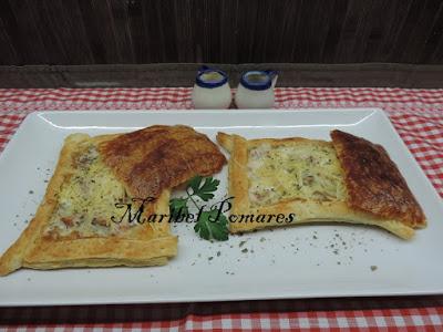 Tartaletas de hojaldre a la carbonara.
