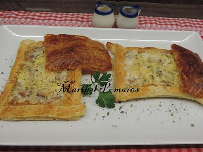 Tartaletas de hojaldre a la carbonara.