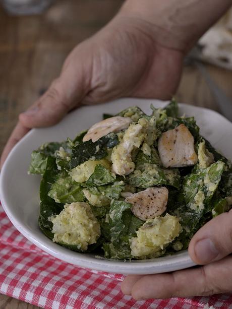 ENSALADA TEMPLADA DE ESPINACAS, PATATA Y POLLO AL PESTO