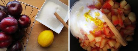 Brazo de gitano de chantilly de café y compota de ciruelas negras