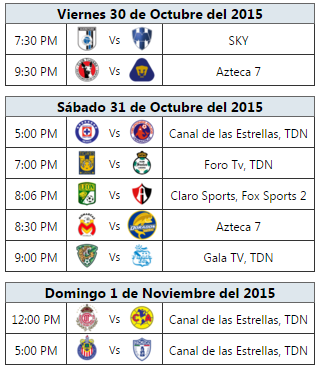 Programación TV Jornada 15 Futbol Mexicano apertura 2015
