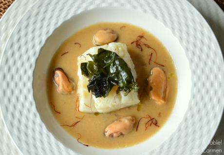 Bacalao Asado con Crema de Mejillones y Wakame salteada