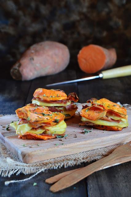 Milhojas de batata, serrano y patata