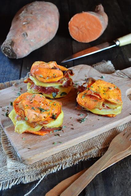 Milhojas de batata, serrano y patata