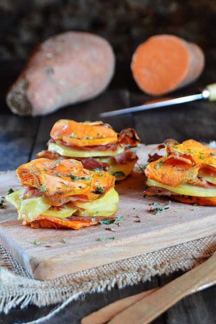 Milhojas de batata, serrano y patata