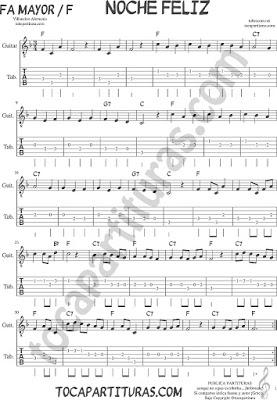 Tubepartituras Noche Feliz Tablatura del punteo de guitarra en Fa Mayor