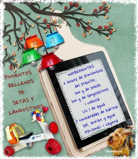 Pimientos rellenos de setas y langostinos Pimientos rellenos con setas y langostinos etiqueta