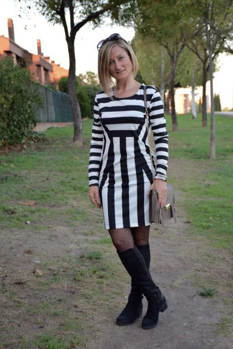 Tall boots and striped dress autumn outfits and street style by diseneitorforever