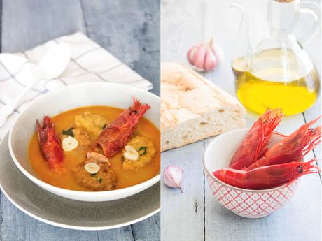 Sopas de ajo con carabineros y buñuelos